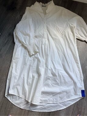 White Longline Cotton Shirt dress  with Smocked Cuffs